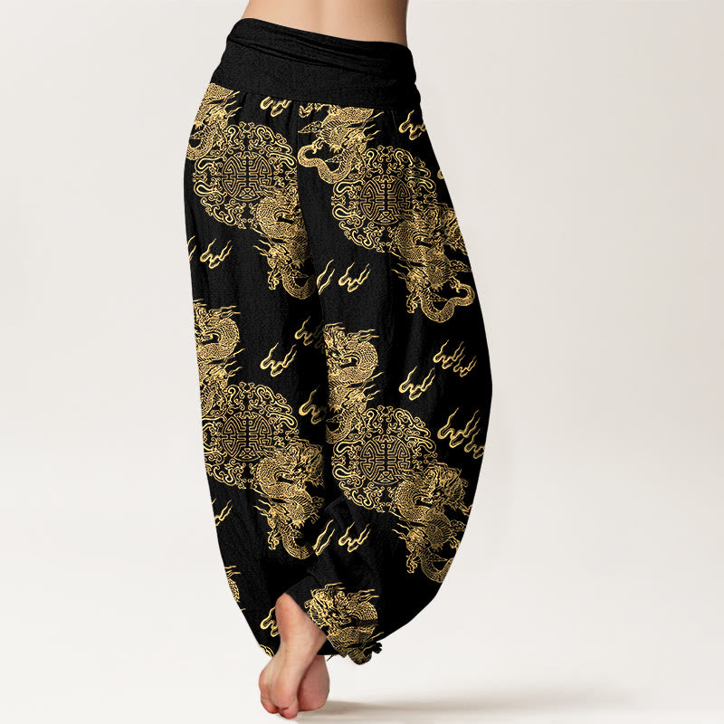 Pantaloni harem da donna con elastico in vita, in puro cotone, con motivo a nuvola e doppio drago , Buddha Stones - image 1