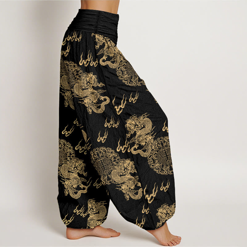 Pantaloni harem da donna con elastico in vita, in puro cotone, con motivo a nuvola e doppio drago , Buddha Stones - image 2