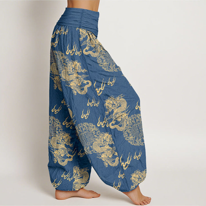 Pantaloni harem da donna con elastico in vita, in puro cotone, con motivo a nuvola e doppio drago , Buddha Stones - image 7