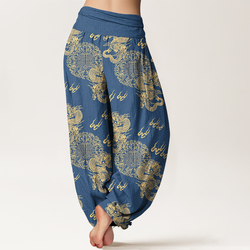 Pantaloni harem da donna con elastico in vita, in puro cotone, con motivo a nuvola e doppio drago , Buddha Stones - image 6