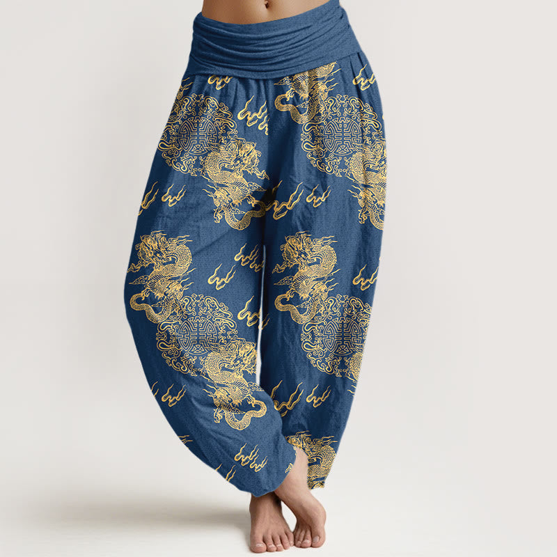 Pantaloni harem da donna con elastico in vita, in puro cotone, con motivo a nuvola e doppio drago , Buddha Stones - SteelBlue - US16, UK/AU20, EU48 (3XL) - image 5