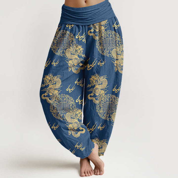 Pantaloni harem da donna con elastico in vita, in puro cotone, con motivo a nuvola e doppio drago , Buddha Stones - SteelBlue - US16, UK/AU20, EU48 (3XL) - image 5