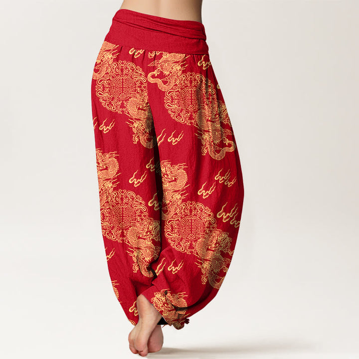 Pantaloni harem da donna con elastico in vita, in puro cotone, con motivo a nuvola e doppio drago , Buddha Stones - image 9