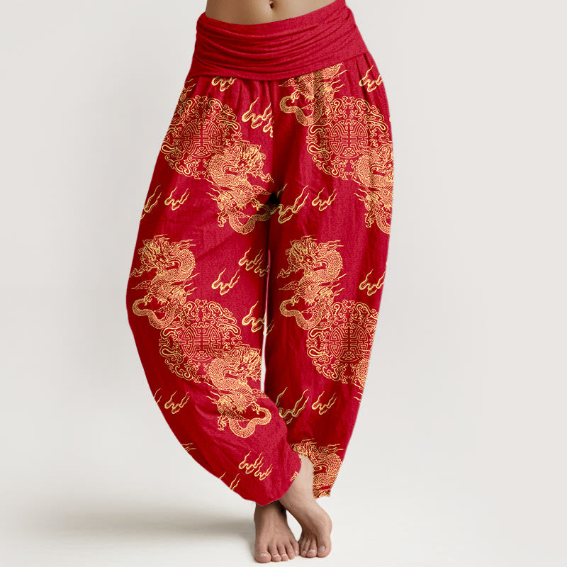 Pantaloni harem da donna con elastico in vita, in puro cotone, con motivo a nuvola e doppio drago , Buddha Stones - FireBrick - US16, UK/AU20, EU48 (3XL) - image 8