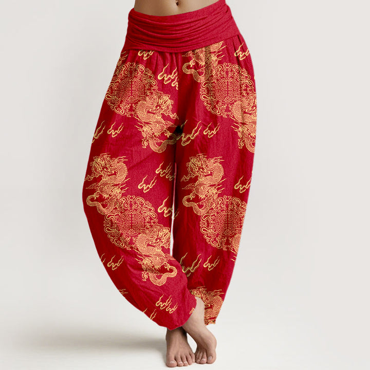 Pantaloni harem da donna con elastico in vita, in puro cotone, con motivo a nuvola e doppio drago , Buddha Stones - FireBrick - US16, UK/AU20, EU48 (3XL) - image 8