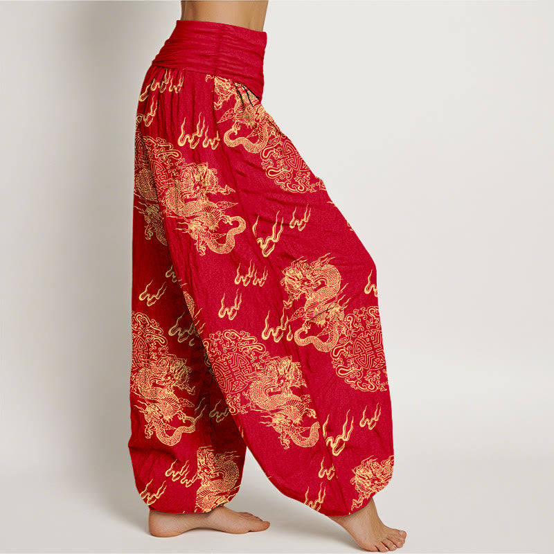Pantaloni harem da donna con elastico in vita, in puro cotone, con motivo a nuvola e doppio drago , Buddha Stones - image 10