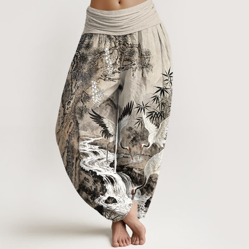 Pantaloni harem da donna con elastico in vita, in puro cotone, con motivo a gru coronata rossa, motivo Buddha Stones - Tan - US16, UK/AU20, EU48 (3XL) - image 0
