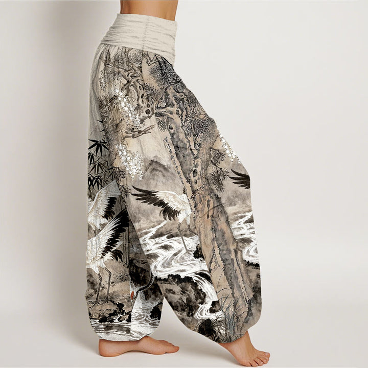 Pantaloni harem da donna con elastico in vita, in puro cotone, con motivo a gru coronata rossa, motivo Buddha Stones - image 2