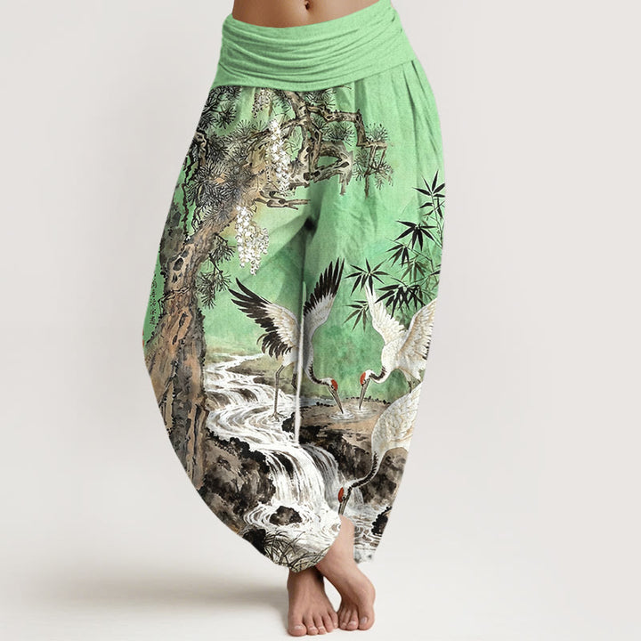 Pantaloni harem da donna con elastico in vita, in puro cotone, con motivo a gru coronata rossa, motivo Buddha Stones - Verde chiaro - US16, UK/AU20, EU48 (3XL) - image 5
