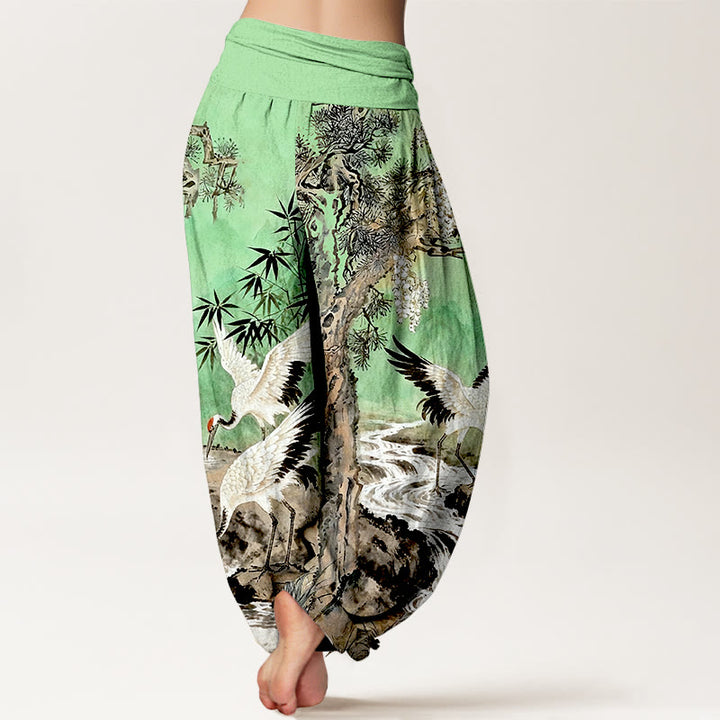 Pantaloni harem da donna con elastico in vita, in puro cotone, con motivo a gru coronata rossa, motivo Buddha Stones - image 6