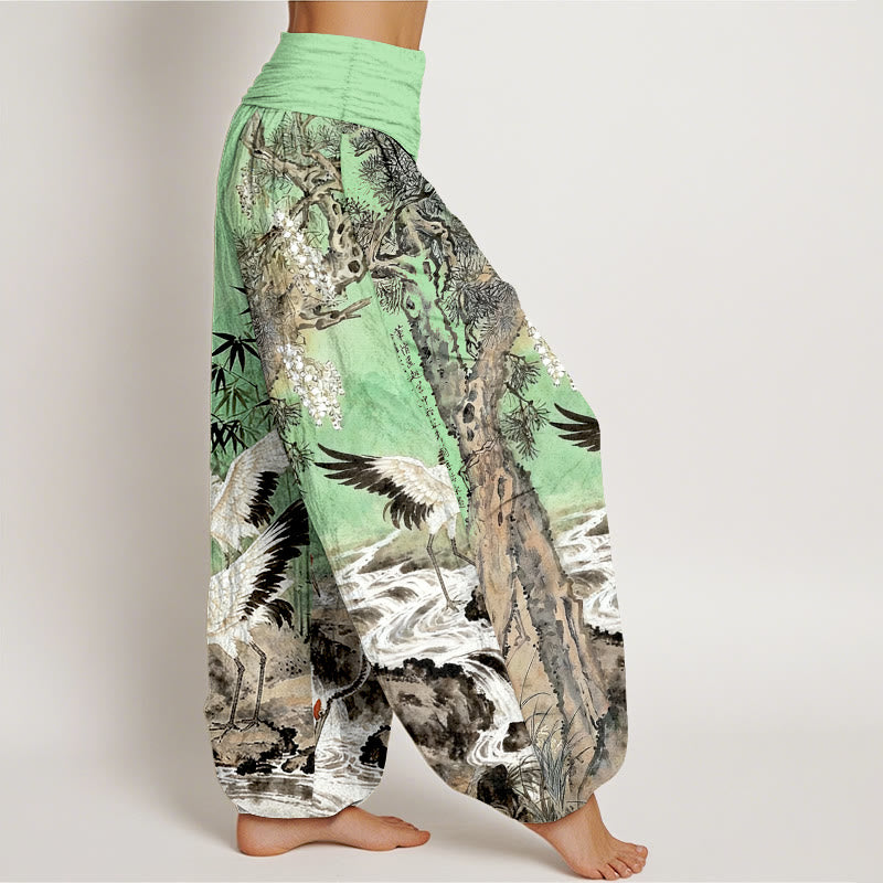 Pantaloni harem da donna con elastico in vita, in puro cotone, con motivo a gru coronata rossa, motivo Buddha Stones - image 7