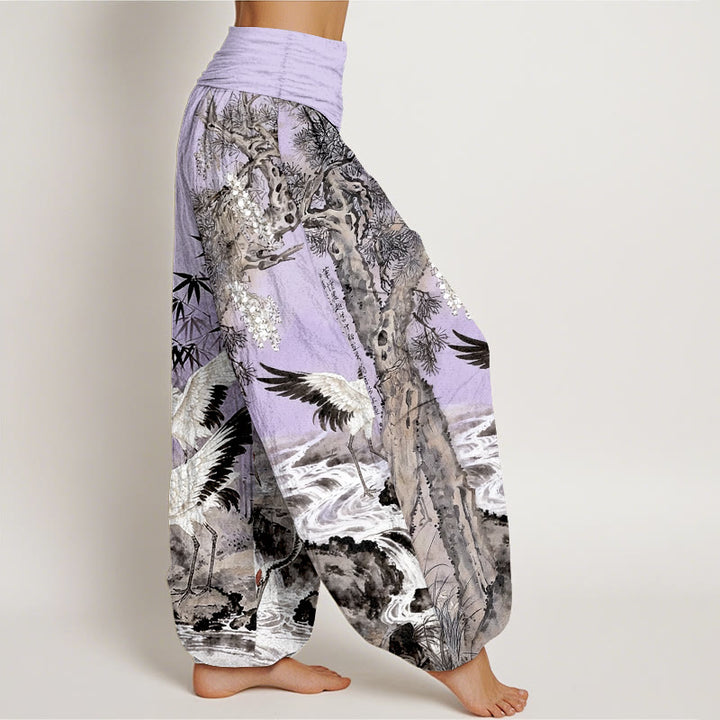 Pantaloni harem da donna con elastico in vita, in puro cotone, con motivo a gru coronata rossa, motivo Buddha Stones - image 10
