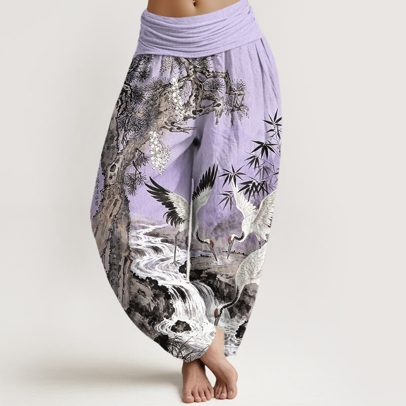 Pantaloni harem da donna con elastico in vita, in puro cotone, con motivo a gru coronata rossa, motivo Buddha Stones - Viola medio - US16, UK/AU20, EU48 (3XL) - image 8
