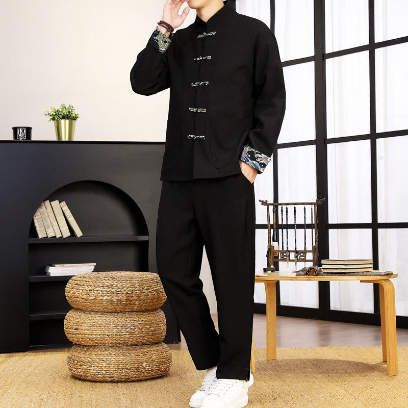 Set di abbigliamento da uomo con pantaloni e camicia a maniche lunghe con onde e bottoni a rana, 2 pezzi, motivo Buddha Stones - Nero - US/UK/AU44, EU54 (4XL) - image 11