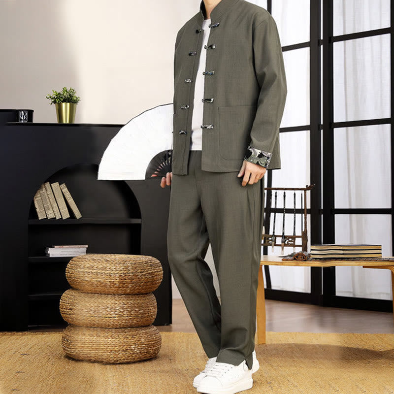 Set di abbigliamento da uomo con pantaloni e camicia a maniche lunghe con onde e bottoni a rana, 2 pezzi, motivo Buddha Stones - image 10