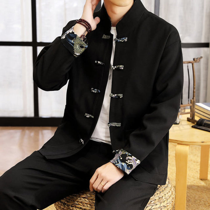 Set di abbigliamento da uomo con pantaloni e camicia a maniche lunghe con onde e bottoni a rana, 2 pezzi, motivo Buddha Stones - image 15