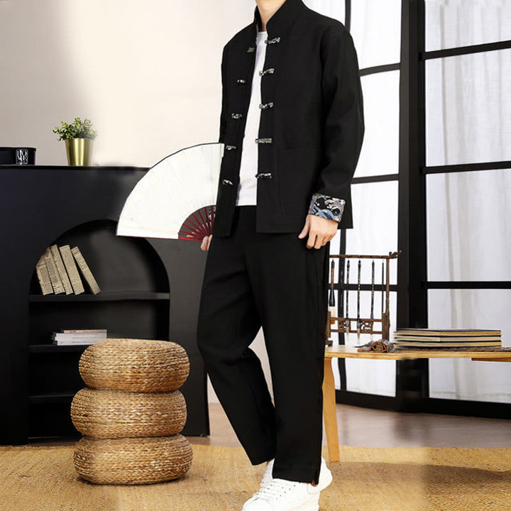 Set di abbigliamento da uomo con pantaloni e camicia a maniche lunghe con onde e bottoni a rana, 2 pezzi, motivo Buddha Stones - image 12