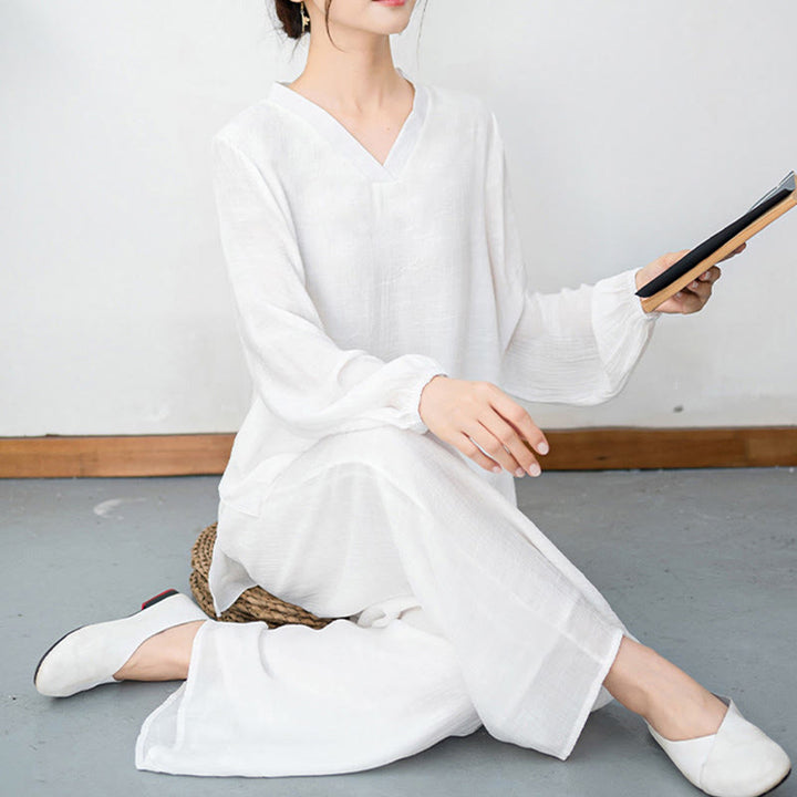 Set da meditazione da donna Buddha Stones, 2 pezzi, camicia bianca a maniche lunghe con scollo a V e pantaloni a gamba larga - image 8