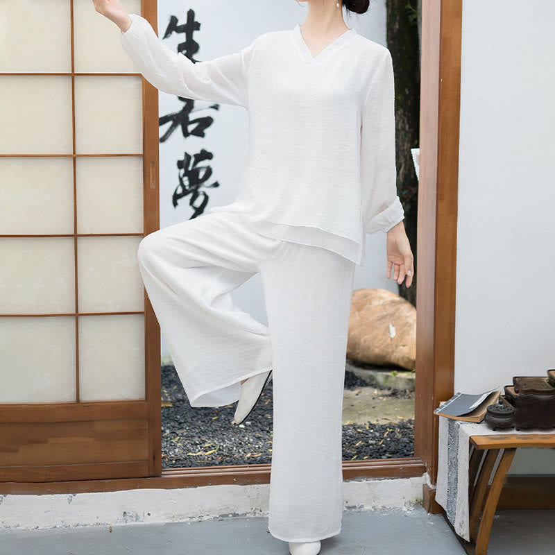 Set da meditazione da donna Buddha Stones, 2 pezzi, camicia bianca a maniche lunghe con scollo a V e pantaloni a gamba larga - image 2