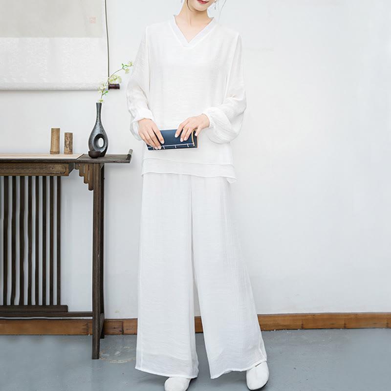 Set da meditazione da donna Buddha Stones, 2 pezzi, camicia bianca a maniche lunghe con scollo a V e pantaloni a gamba larga - image 4