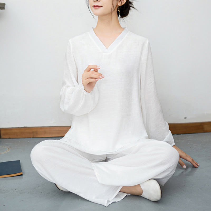 Set da meditazione da donna Buddha Stones, 2 pezzi, camicia bianca a maniche lunghe con scollo a V e pantaloni a gamba larga - image 9