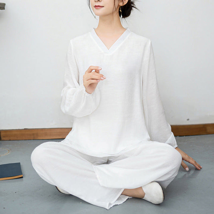 Set da meditazione da donna Buddha Stones, 2 pezzi, camicia bianca a maniche lunghe con scollo a V e pantaloni a gamba larga - image 9