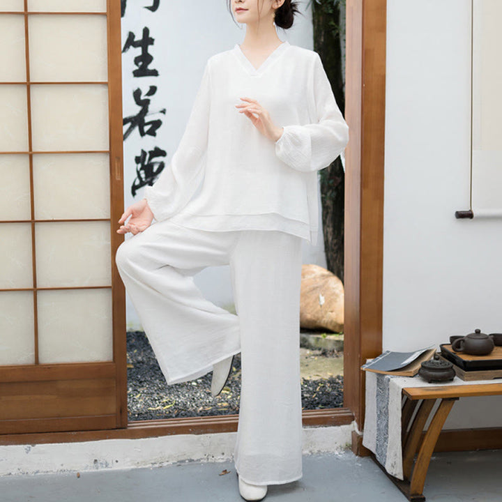 Set da meditazione da donna Buddha Stones, 2 pezzi, camicia bianca a maniche lunghe con scollo a V e pantaloni a gamba larga - Bianco - US8-10, UK/AU12-14, EU40-42 (2XL) - image 0