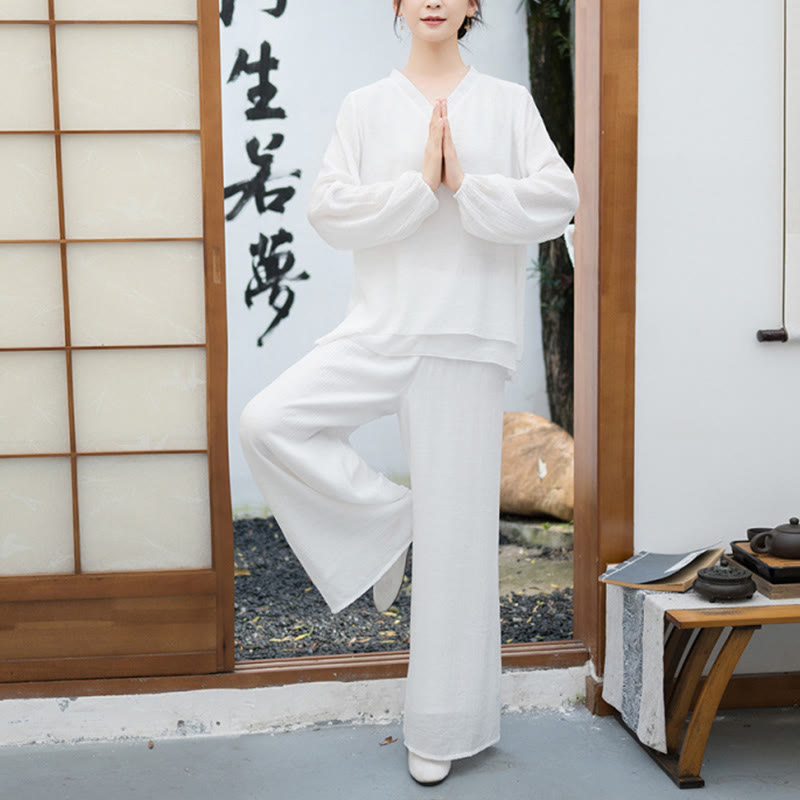 Set da meditazione da donna Buddha Stones, 2 pezzi, camicia bianca a maniche lunghe con scollo a V e pantaloni a gamba larga - image 1