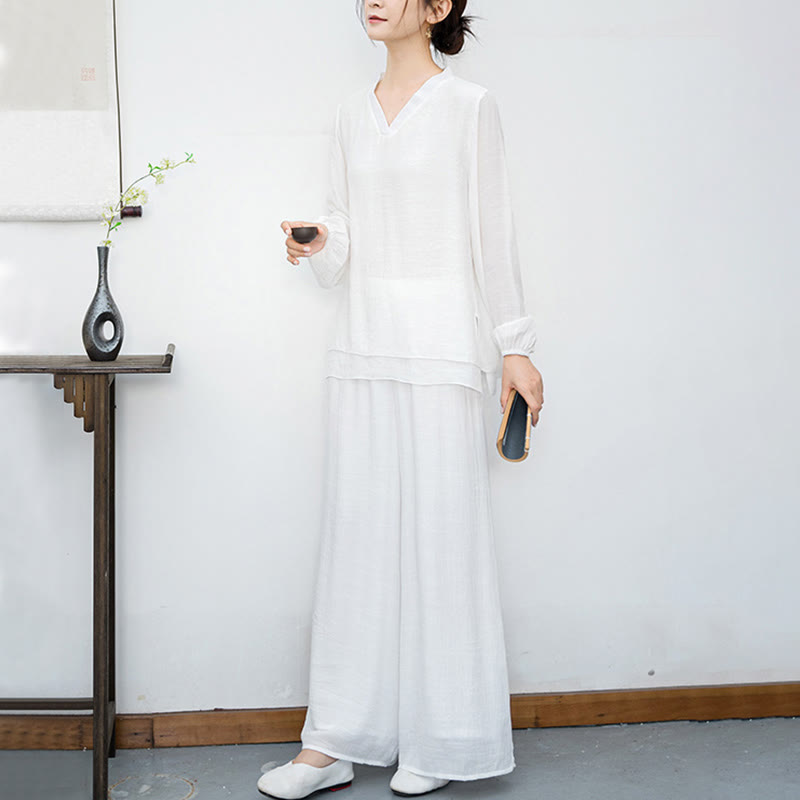 Set da meditazione da donna Buddha Stones, 2 pezzi, camicia bianca a maniche lunghe con scollo a V e pantaloni a gamba larga - image 6