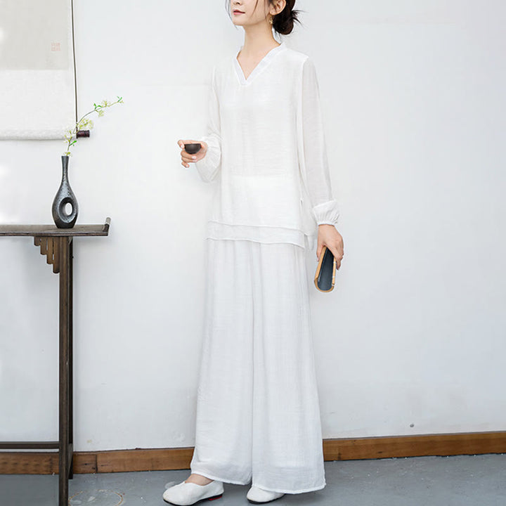Set da meditazione da donna Buddha Stones, 2 pezzi, camicia bianca a maniche lunghe con scollo a V e pantaloni a gamba larga - image 6