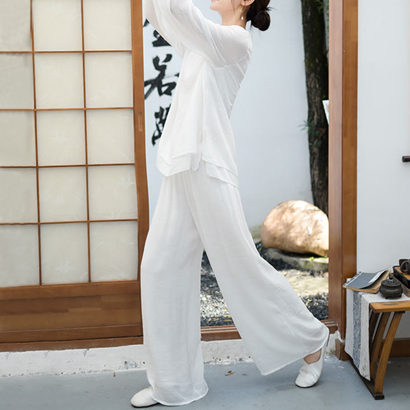 Set da meditazione da donna Buddha Stones, 2 pezzi, camicia bianca a maniche lunghe con scollo a V e pantaloni a gamba larga - image 3