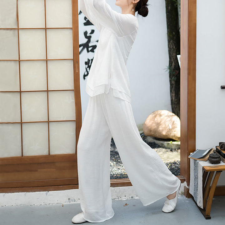 Set da meditazione da donna Buddha Stones, 2 pezzi, camicia bianca a maniche lunghe con scollo a V e pantaloni a gamba larga - image 3