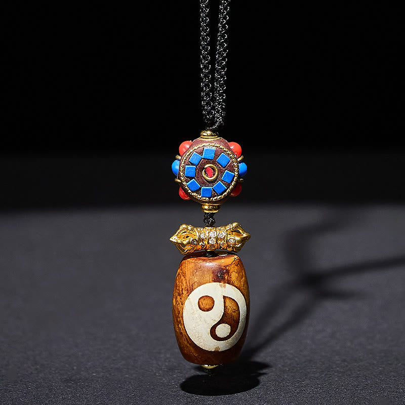 Collana con ciondolo di benedizione in agata Dzi a nove occhi, design Bagua tibetano con Buddha Stones , Yin Yang - Agata - image 0