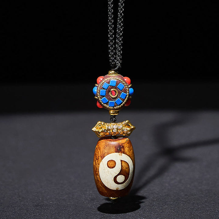 Collana con ciondolo di benedizione in agata Dzi a nove occhi, design Bagua tibetano con Buddha Stones , Yin Yang - Agata - image 0