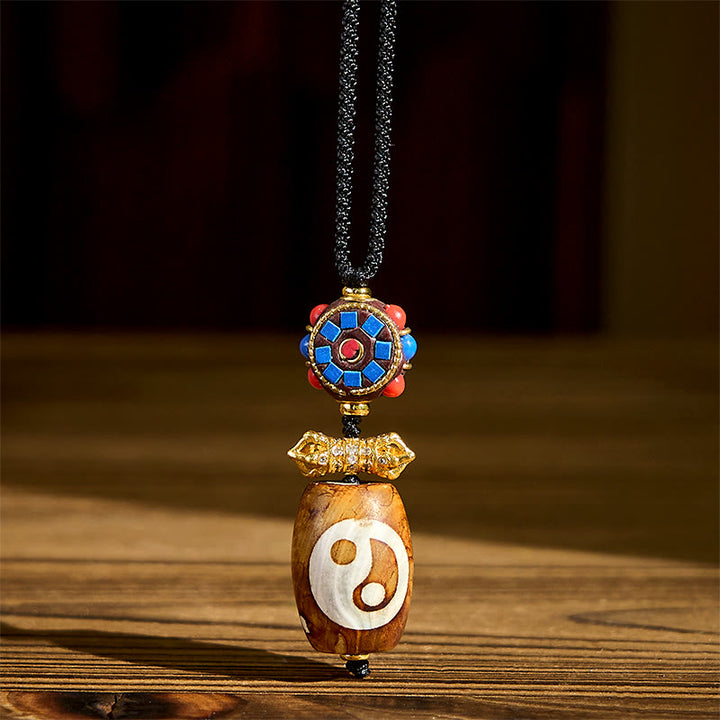 Collana con ciondolo di benedizione in agata Dzi a nove occhi, design Bagua tibetano con Buddha Stones , Yin Yang - image 1