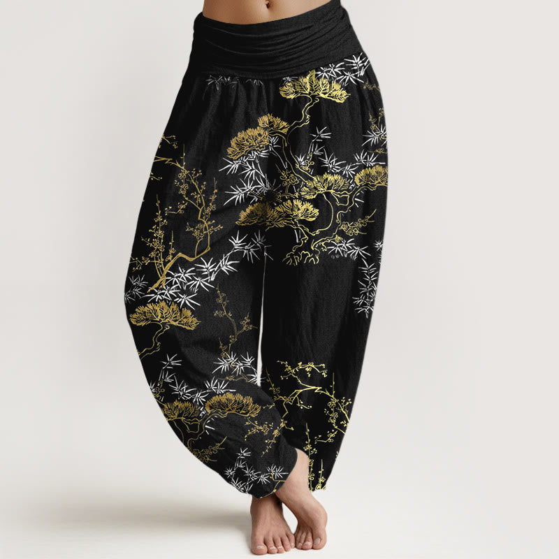 Pantaloni harem da donna con elastico in vita, in puro cotone, con motivo a prugna e bambù, motivo Buddha Stones - Nero - US16, UK/AU20, EU48 (3XL) - image 0