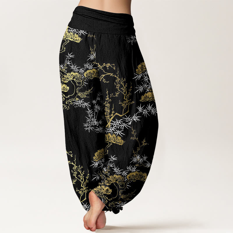 Pantaloni harem da donna con elastico in vita, in puro cotone, con motivo a prugna e bambù, motivo Buddha Stones - image 1