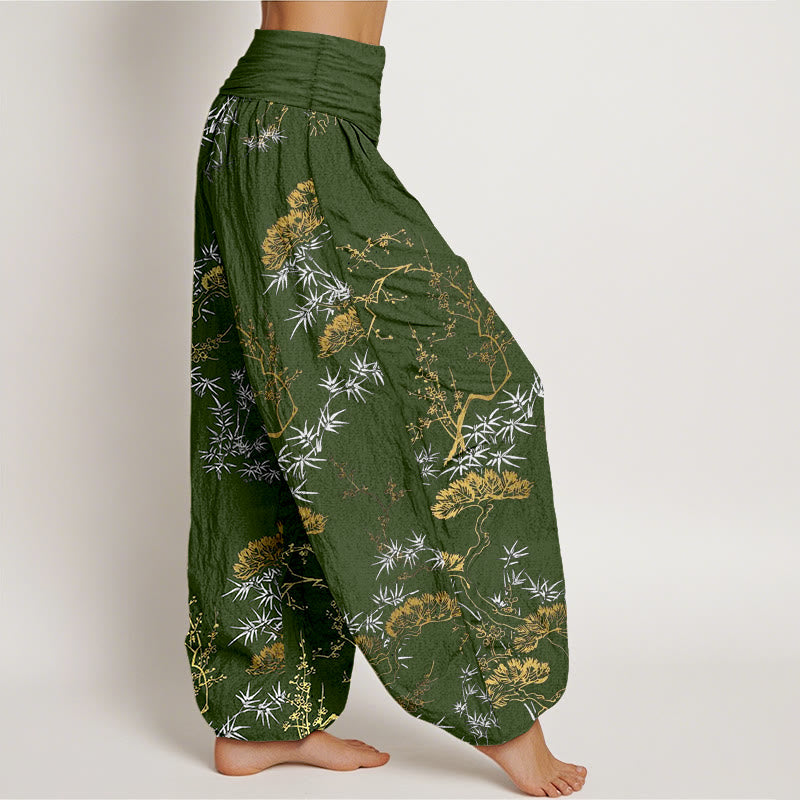 Pantaloni harem da donna con elastico in vita, in puro cotone, con motivo a prugna e bambù, motivo Buddha Stones - image 7