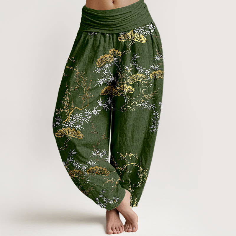 Pantaloni harem da donna con elastico in vita, in puro cotone, con motivo a prugna e bambù, motivo Buddha Stones - Verde oliva scuro - US16, UK/AU20, EU48 (3XL) - image 5