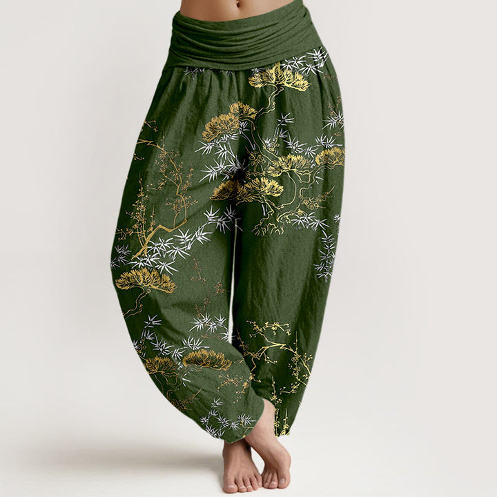Pantaloni harem da donna con elastico in vita, in puro cotone, con motivo a prugna e bambù, motivo Buddha Stones - Verde oliva scuro - US16, UK/AU20, EU48 (3XL) - image 5