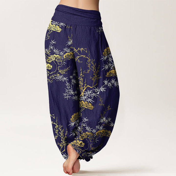 Pantaloni harem da donna con elastico in vita, in puro cotone, con motivo a prugna e bambù, motivo Buddha Stones - image 9