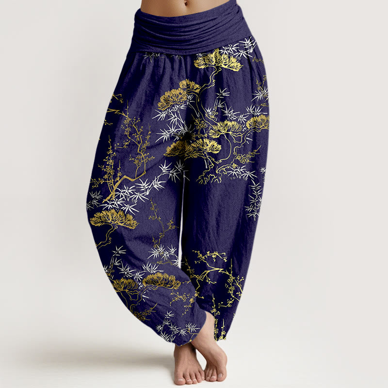 Pantaloni harem da donna con elastico in vita, in puro cotone, con motivo a prugna e bambù, motivo Buddha Stones - Blu notte - US16, UK/AU20, EU48 (3XL) - image 8