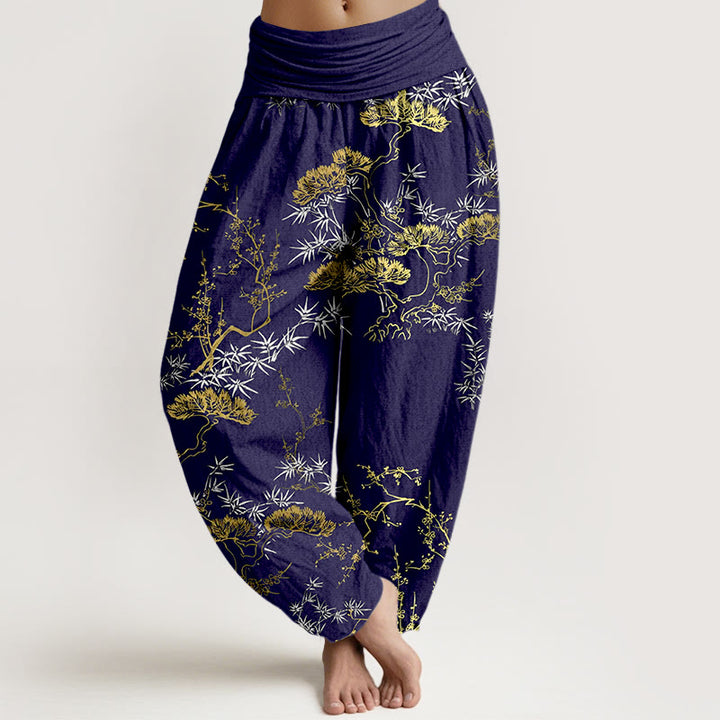 Pantaloni harem da donna con elastico in vita, in puro cotone, con motivo a prugna e bambù, motivo Buddha Stones - Blu notte - US16, UK/AU20, EU48 (3XL) - image 8