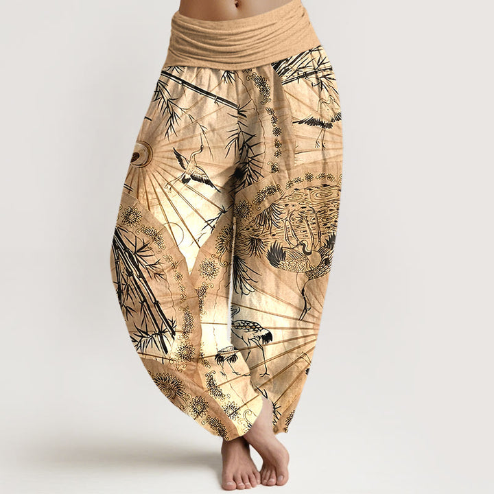 Pantaloni harem da donna con elastico in vita, modello gru e bambù, in puro cotone, motivo Buddha Stones - Verga d'oro - US16, UK/AU20, EU48 (3XL) - image 0