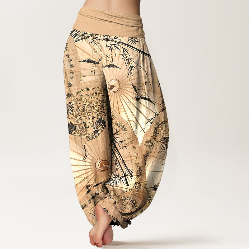 Pantaloni harem da donna con elastico in vita, modello gru e bambù, in puro cotone, motivo Buddha Stones - image 1