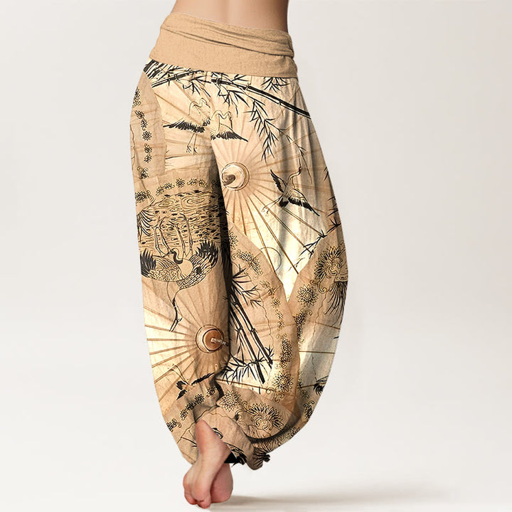 Pantaloni harem da donna con elastico in vita, modello gru e bambù, in puro cotone, motivo Buddha Stones - image 1