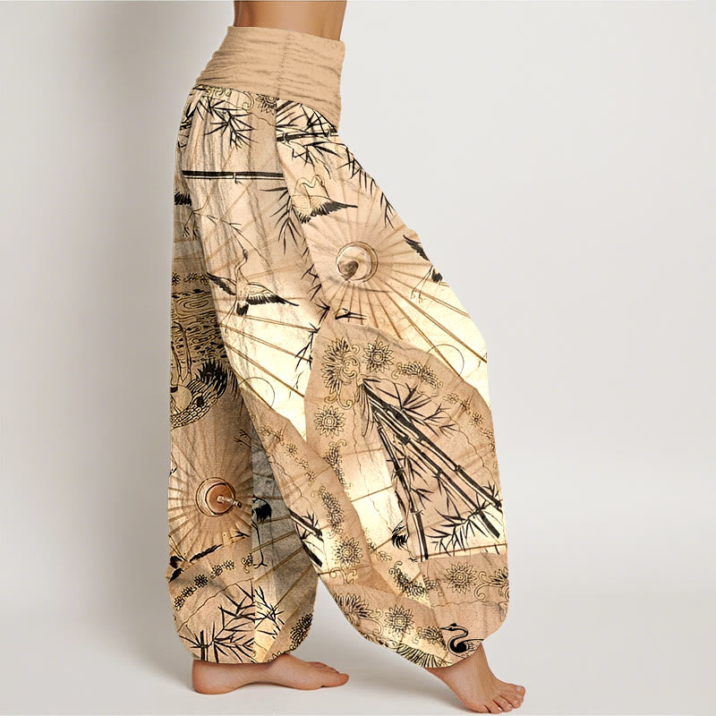 Pantaloni harem da donna con elastico in vita, modello gru e bambù, in puro cotone, motivo Buddha Stones - image 2