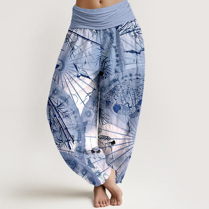 Pantaloni harem da donna con elastico in vita, modello gru e bambù, in puro cotone, motivo Buddha Stones - Cielo blu - US16, UK/AU20, EU48 (3XL) - image 5
