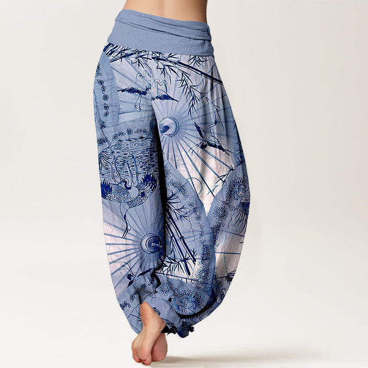 Pantaloni harem da donna con elastico in vita, modello gru e bambù, in puro cotone, motivo Buddha Stones - image 6