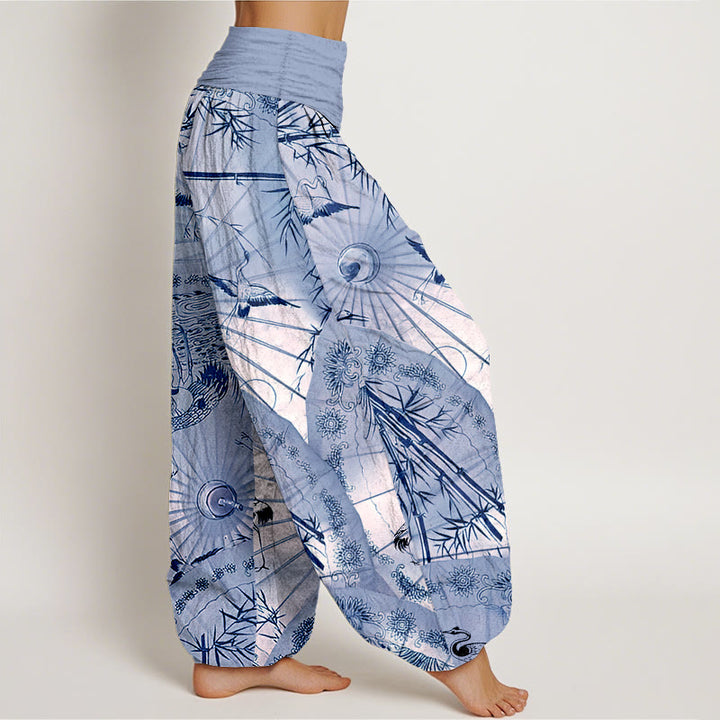 Pantaloni harem da donna con elastico in vita, modello gru e bambù, in puro cotone, motivo Buddha Stones - image 7